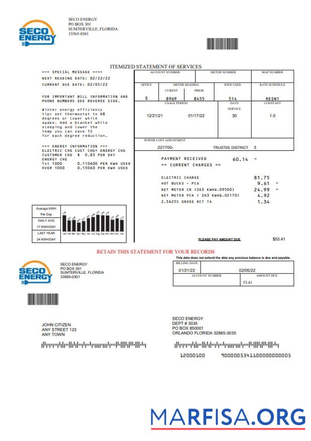 Printable USA Florida Seco Energy utility bill template in Word and PDF format